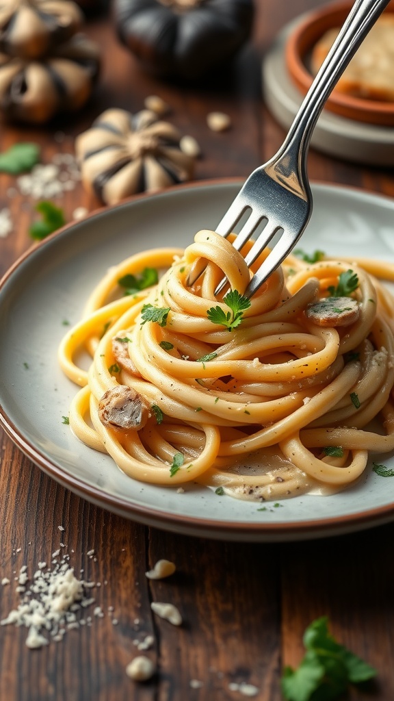 Creamy black garlic pasta garnished with parsley and cheese on a rustic table.